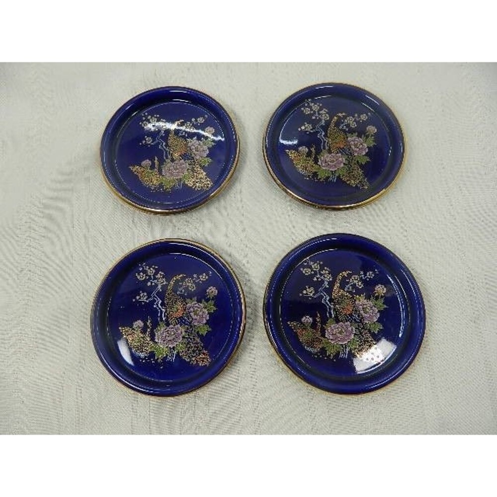 Cobalt Blue Porcelain Coasters w/Peacocks & Gold Rim Handpainted Taiwan Set of 4